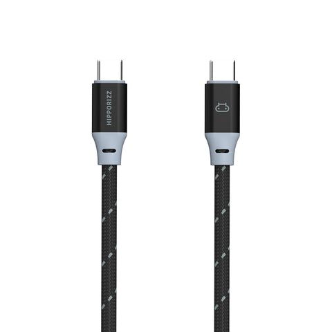 【Hipporizz】CAVO 1.5M USB-C to USB-C 雙色充電傳輸編織磁吸捲線 240W,黑灰色,支援蘋果安卓 PD 快充,磁吸收納。