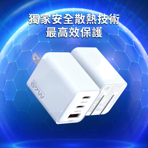 Chargo 67W 氮化鎵快速充電器 獨家安全散熱技術 最高效保護