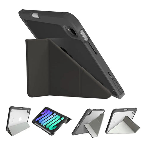 Origo晶透皮紋 筆槽保護殼 iPad mini 8.3吋|A17 Pro (2024)、第六代 (2021) 深灰 多角度支撐