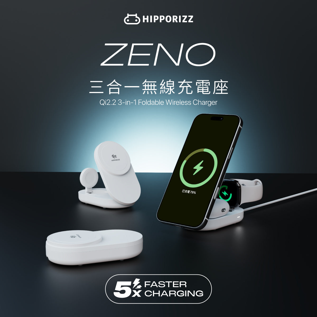 HIPPORIZZ Zeno Qi2.2 25W 三合一折疊無線充電座